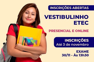 Inscrições abertas para o Vestibulinho das ETECs 2026 estão abertas