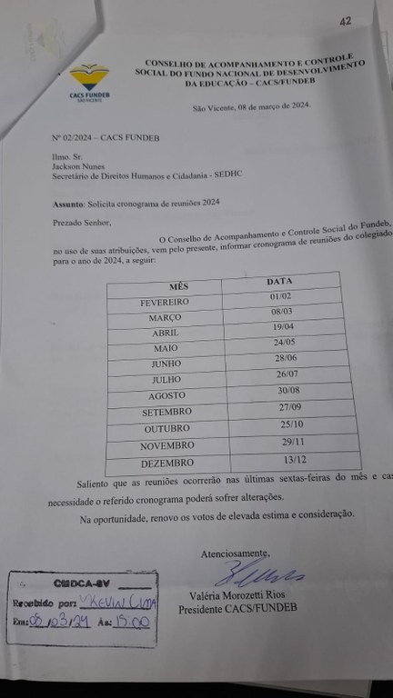 Calendário de Reuniões - CACS-Fundeb 2024
